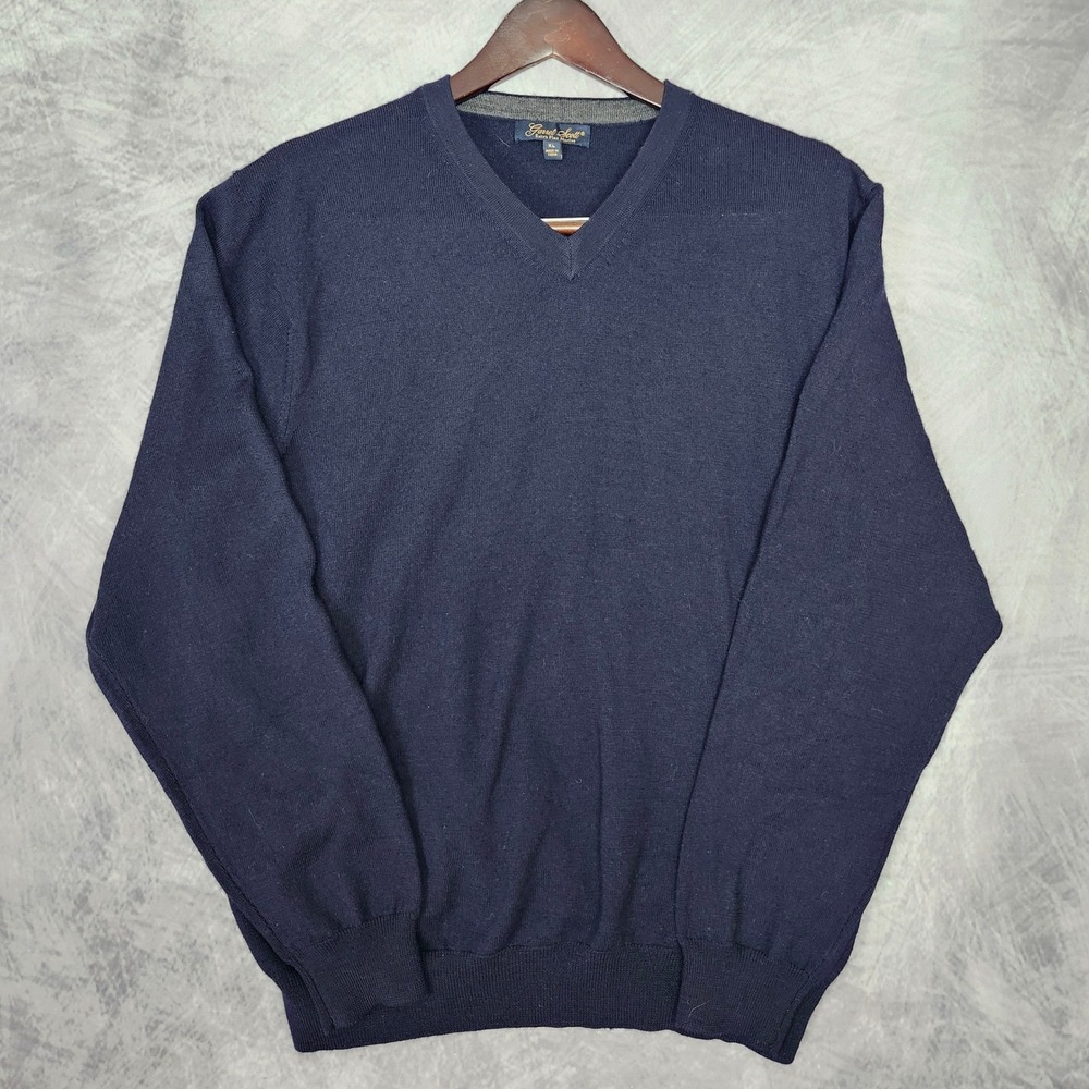100% Merino Wool Navy Capsule Sweater Mens XL V Neck Knit Business Casual